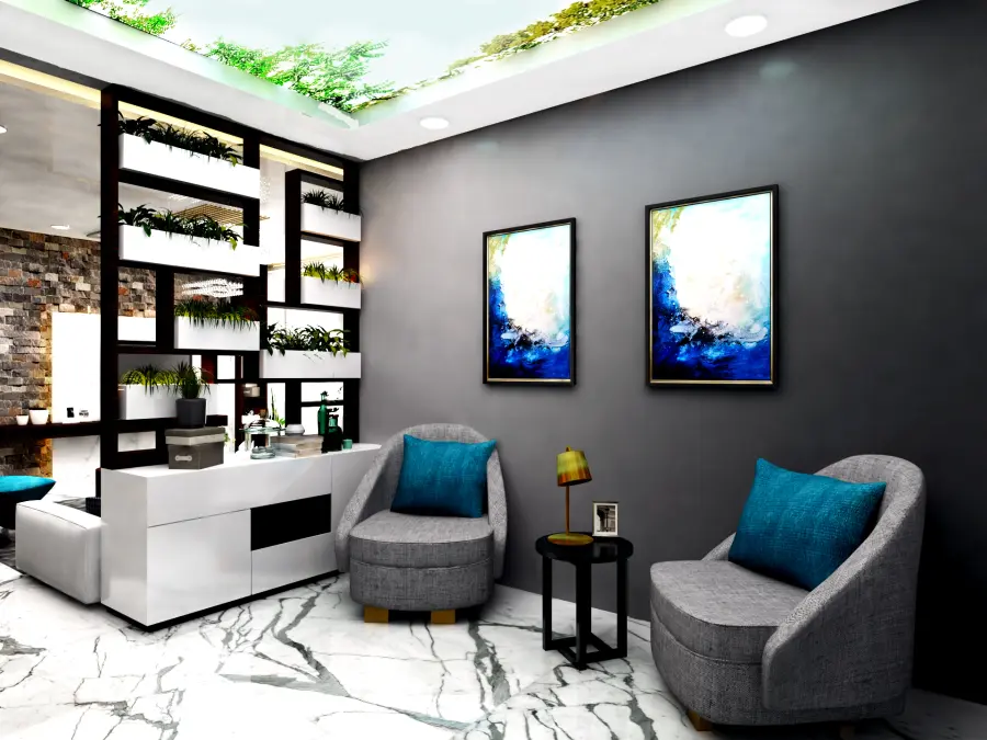 3BHK apartment interior design Vijay Nagar Indore — living room with false ceiling and modular kitchen